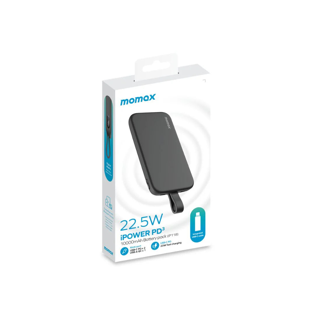 Momax iPower PD3 10000mAh Power Bank with Built-in Lightning Cable - بطارية موماكس اي بور PD3 المحمولة, 10000 مللي امبير مع كيبل Lightening مدمج