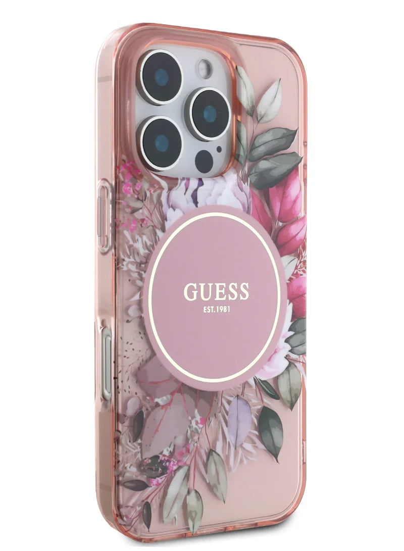 GUESS MagSafe Transparent Flower Case with Circle Logo for iPhone 16 Pro | كفر شفاف GUESS بتصميم ازهار وشعار دائري, متوافق مع ماج سيف لهاتف ايفون 16 برو