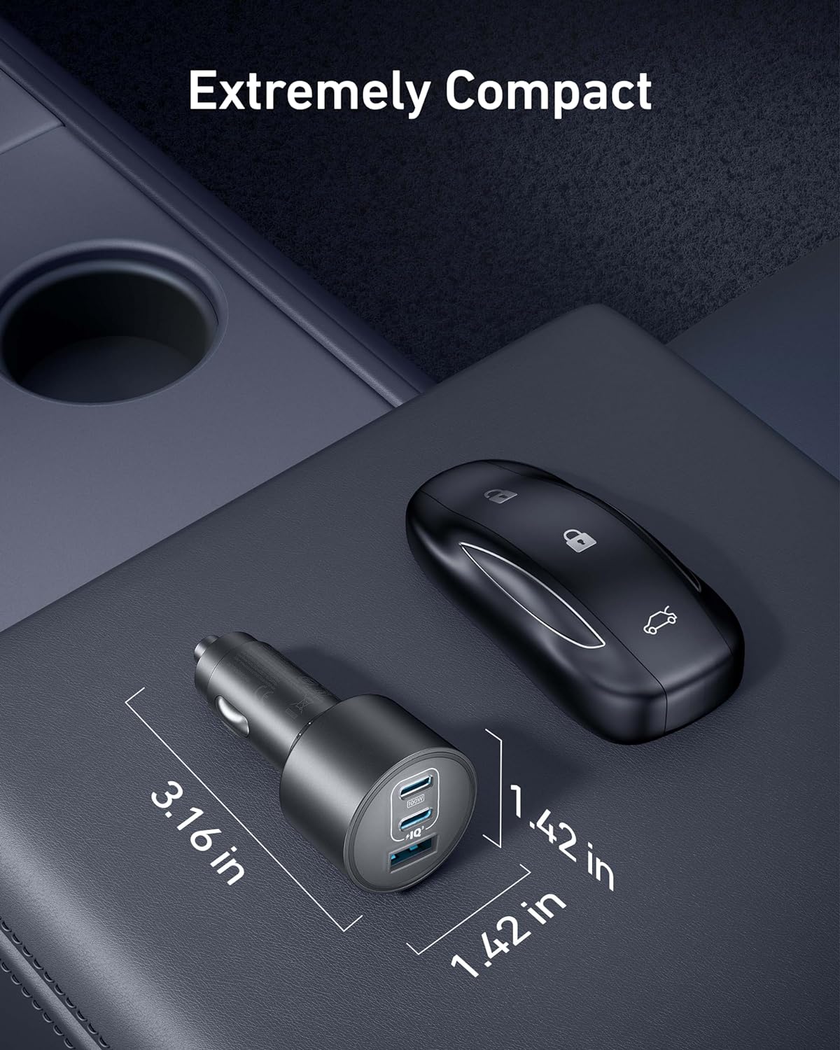 شاحن سيارة أنكر مع 3 منافذ بقدرة 167.5 واط وكابل تايب سي بطول 1 متر - رمادي | Anker Car Charger 3-Ports 67.5W with 1M USB-C Cable - Gray.