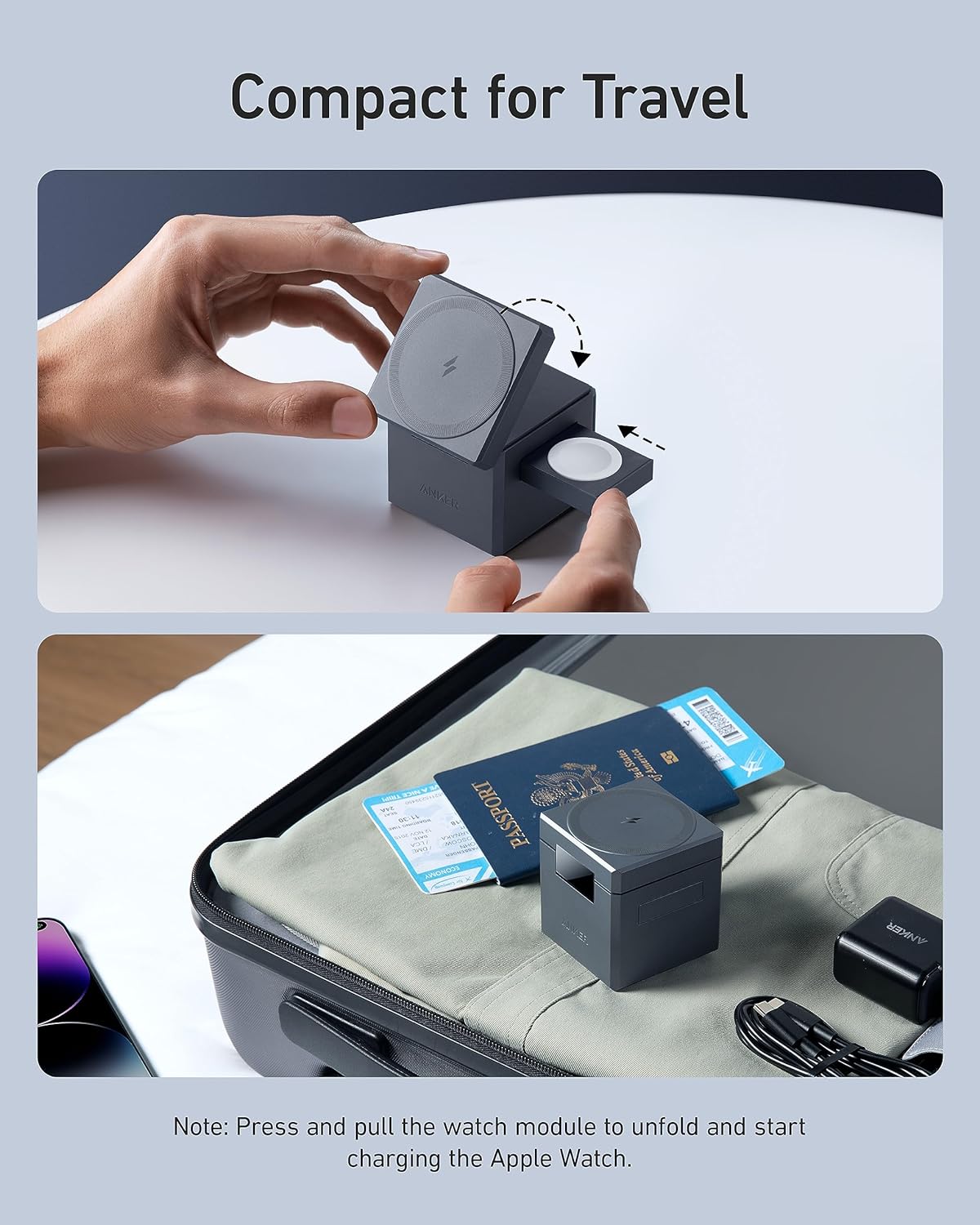 Anker 3 in 1 Cube Compatible with MagSafe 15W Fast Charging Foldable Wireless Charge Station for Apple Watch - محطة الشحن اللاسلكية المتوافقة مع ماجسيف 3 في 1 بقدرة 15 واط من أنكر للشحن السريع تتيح شحن الساعة الذكية من آبل