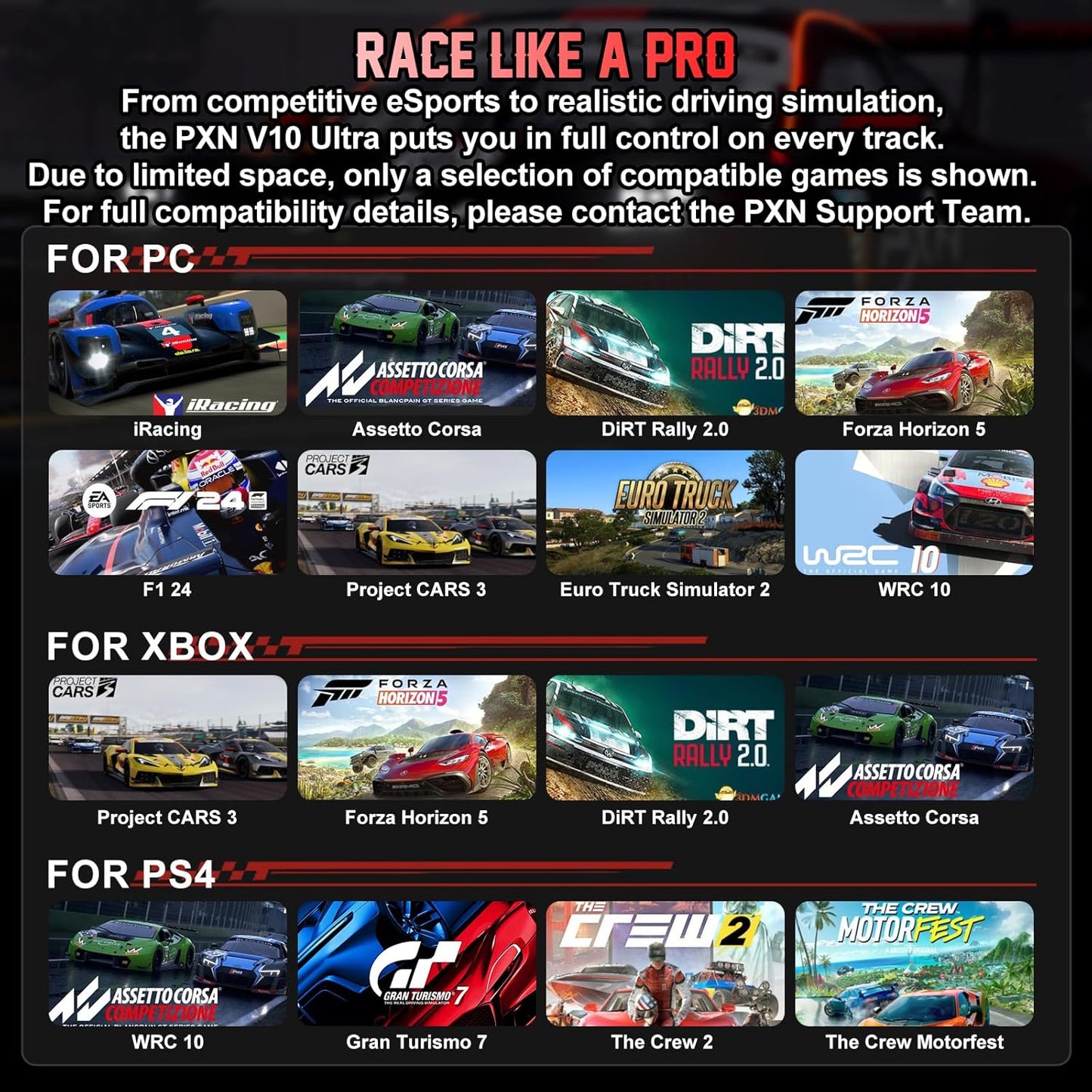 عجلة قيادة احترافية - PXN V10 PRO - Direct Drive Gaming Steering Wheel 270°/900° - with Pedals - Black