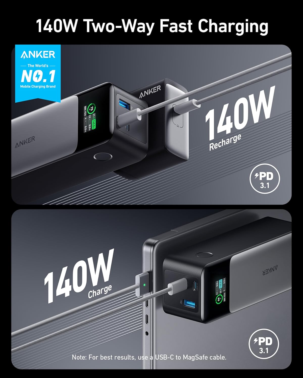 Anker Power Bank 24,000mAh 3-Port Portable Charger with 140W Output Smart Digital Display - نكر باور بانك شاحن محمول 3 منافذ 24000ميلي أمبير مع مخرج 140 واط وشاشة رقمية ذكية