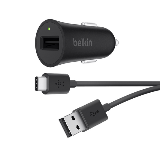 Belkin Quick Charge 3.0 Car Charger with USB-A to USB-C Cable (USB Type-C) - شاحن سيارة من بلكين كويك شارجر 3.0 مع كابل يو اس بي أ إلى يو اس بي سي
