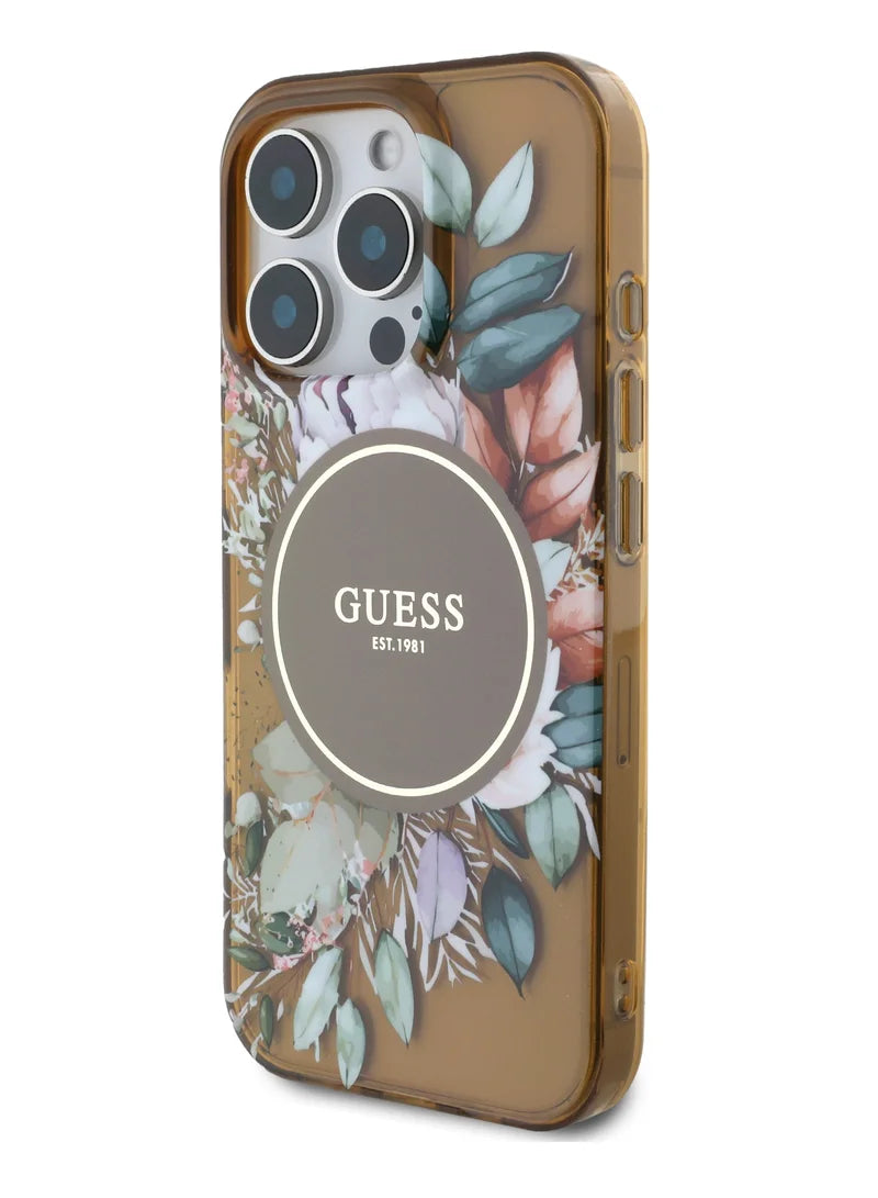 GUESS MagSafe Transparent Flower Case with Circle Logo for iPhone 16 Pro | كفر شفاف GUESS بتصميم ازهار وشعار دائري, متوافق مع ماج سيف لهاتف ايفون 16 برو