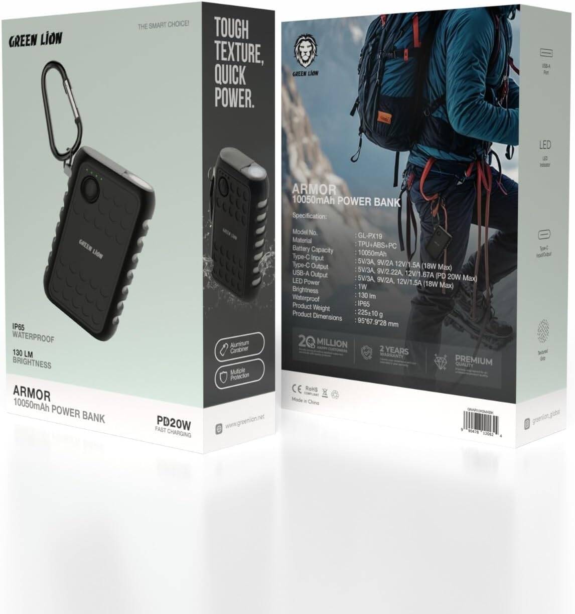 باور بانك جرين لايون أرمور بسعة 10,050 مللي امبير وبقدرة شحن سريع 20 واط - اسود | Green Lion Armor 10050mAh Power Bank PD 20W - Black