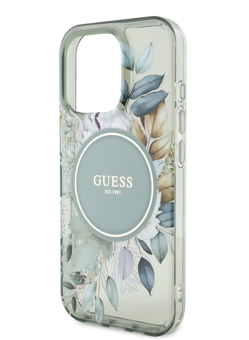 GUESS MagSafe Transparent Flower Case with Circle Logo for iPhone 16 Pro | كفر شفاف GUESS بتصميم ازهار وشعار دائري, متوافق مع ماج سيف لهاتف ايفون 16 برو