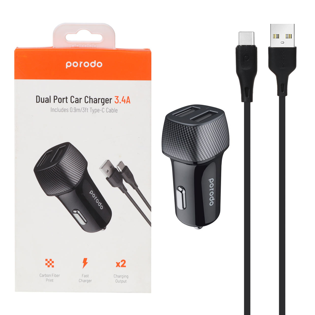 شاحن سيارة ثنائي المنافذ من بورودو مع كيبل تايب سي بطول 0.9 متر - اسود | Porodo Dual Port Car Charger 3.4A with 0.9M Type-C Cable – Black