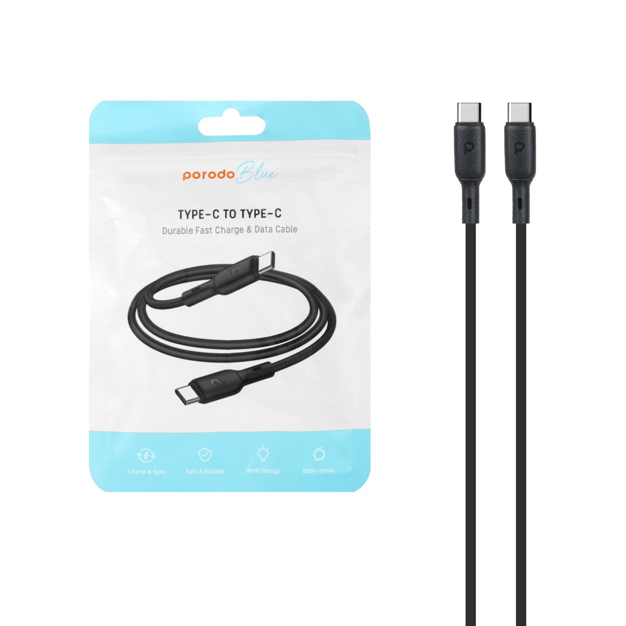كيبل بورودو يو اس بي سي الى يو اس بي سي بقدرة شحن 60 واط وطول 1 متر | Porodo Blue PVC Type-C to Type-C Cable 60W 1M.