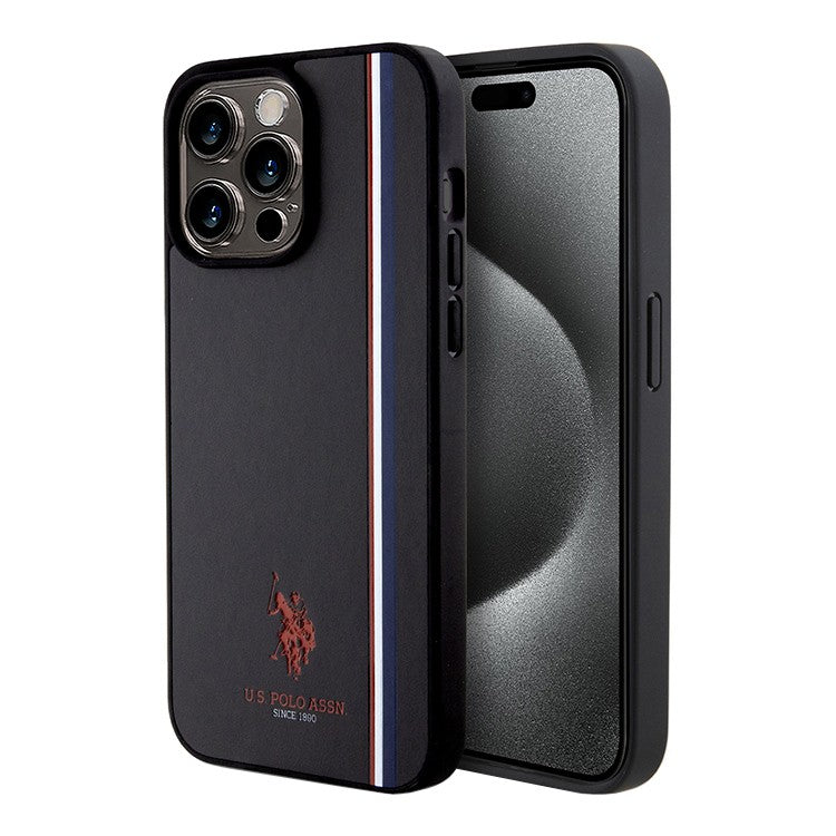 U.S. Polo Assn. PU Leather Case with DH Tricolor Line for iPhone 15 Pro Max | كفر يو اس بولو جلد صناعي بخط ثلاثي الالوان لهاتف ايفون 15 برو ماكس