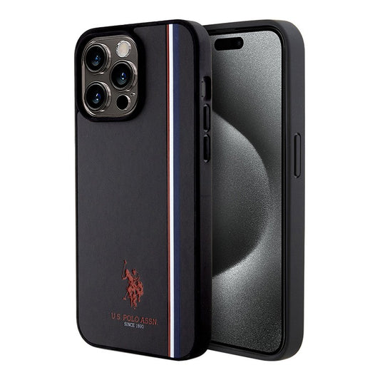 U.S. Polo Assn. PU Leather Case with DH Tricolor Line for iPhone 15 Pro Max | كفر يو اس بولو جلد صناعي بخط ثلاثي الالوان لهاتف ايفون 15 برو ماكس