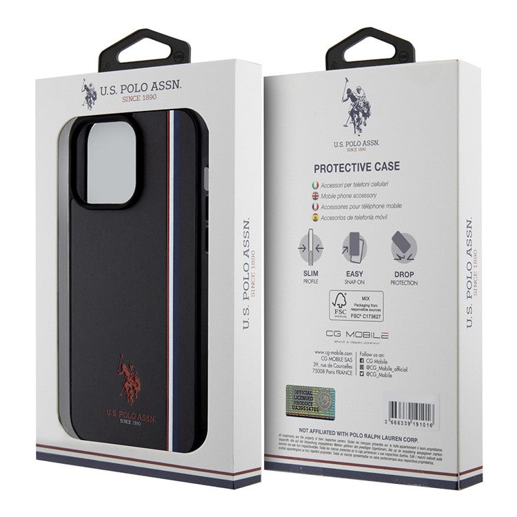 U.S. Polo Assn. PU Leather Case with DH Tricolor Line for iPhone 15 Pro Max | كفر يو اس بولو جلد صناعي بخط ثلاثي الالوان لهاتف ايفون 15 برو ماكس
