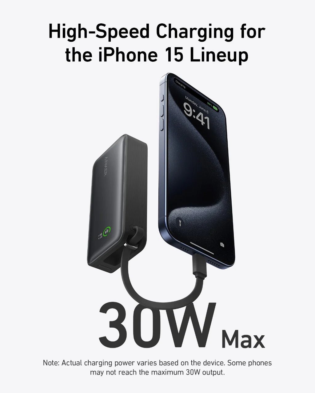 Anker Nano Power Bank 30W Built-In USB-C Cable - باور بانك من انكر بقوة 30 واط مع كابل يو اس بي سي مدمج