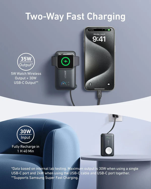 Anker MagGo 10,000mAh Power Bank for Apple Watch + iPhone - باور بانك أنكر ماجو (10 كيلو، 35 واط، لساعة أبل)