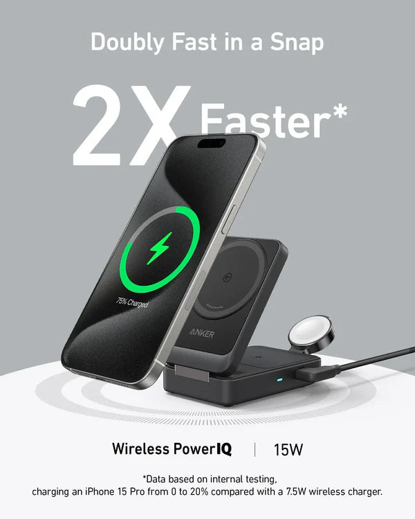 Anker MagGo 15W 3-in-1 Wireless Charging Station, Qi2 Certified Foldable Charger for iPhone | قاعدة شحن لاسلكية انكر ماج جو بقدرة 15 واط, شاحن 3 في 1 قابل للطي مع دعم QI2 للايفون