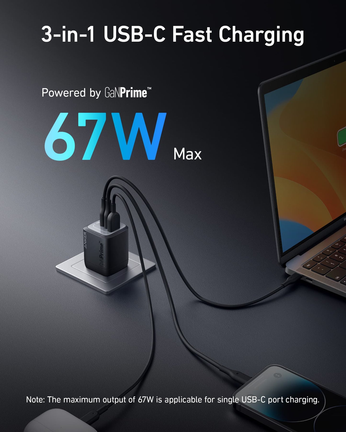 Anker Prime 67W GaN Wall Charger 3 Ports - شاحن حائط أنكر برايم 67 واط جالون 3 منافذ