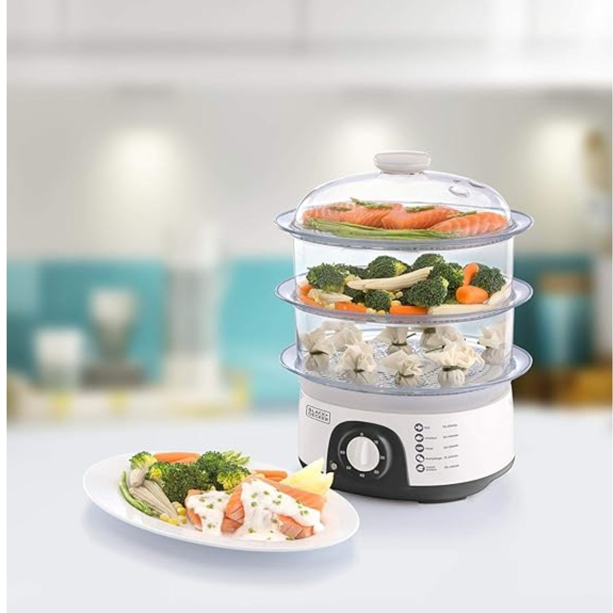 Black+Decker 10L Food Steamer 775W 3 Detachable Layer Timer - مقدمة طعام بالبخار بلاك أند ديكر 10 لتر 775 واط مع 3 طبقات قابلة للفصل