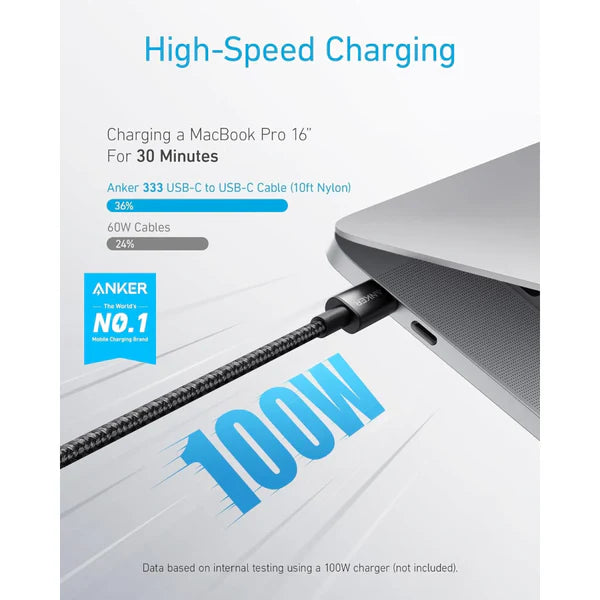 Anker Nylon 333 USB-C to USB-C Cable, 100W - 1.8 Meter - كيبل نايلون تايب سي وبطول 1.8متر وبقوة 100واط