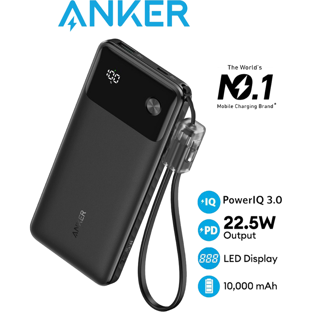 باور بانك أنكر بسعة 10,000 مللي أمبير بقدرة 22.5 واط مع كابل USB-C - اسود | Anker 10K 22.5W USB-C Power Bank Fast Charging - Black