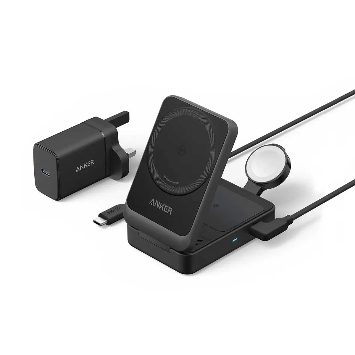 Anker MagGo 15W 3-in-1 Wireless Charging Station, Qi2 Certified Foldable Charger for iPhone | قاعدة شحن لاسلكية انكر ماج جو بقدرة 15 واط, شاحن 3 في 1 قابل للطي مع دعم QI2 للايفون