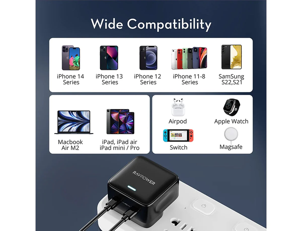 شاحن جدار بقدرة 30 واط بمنفذين  تايب سي 20واط +18واط من راف باور - RAVPower PD Pioneer Wall Charger 35 Watts-2-Port
