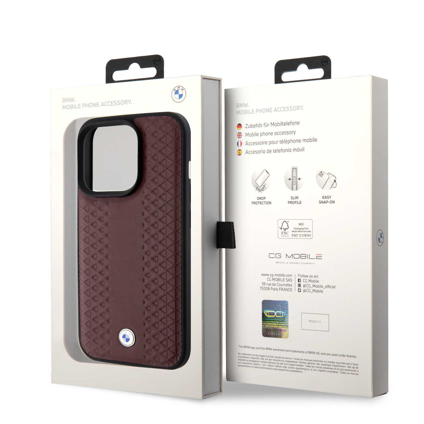 BMW Leather Case, Diamond Pattern, Slim Fit, Shockproof for iPhone 15 Pro Max | كفر بي ام دبليو جلدي بنقشة ماسية لهاتف ايفون 15 برو ماكس, تصميم نحيف مقاوم للصدمات