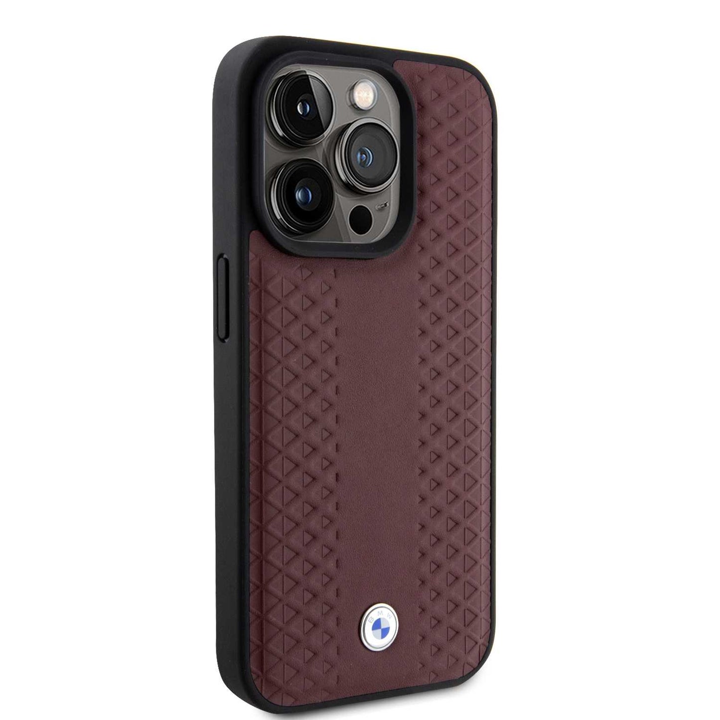 BMW Leather Case, Diamond Pattern, Slim Fit, Shockproof for iPhone 15 Pro Max | كفر بي ام دبليو جلدي بنقشة ماسية لهاتف ايفون 15 برو ماكس, تصميم نحيف مقاوم للصدمات