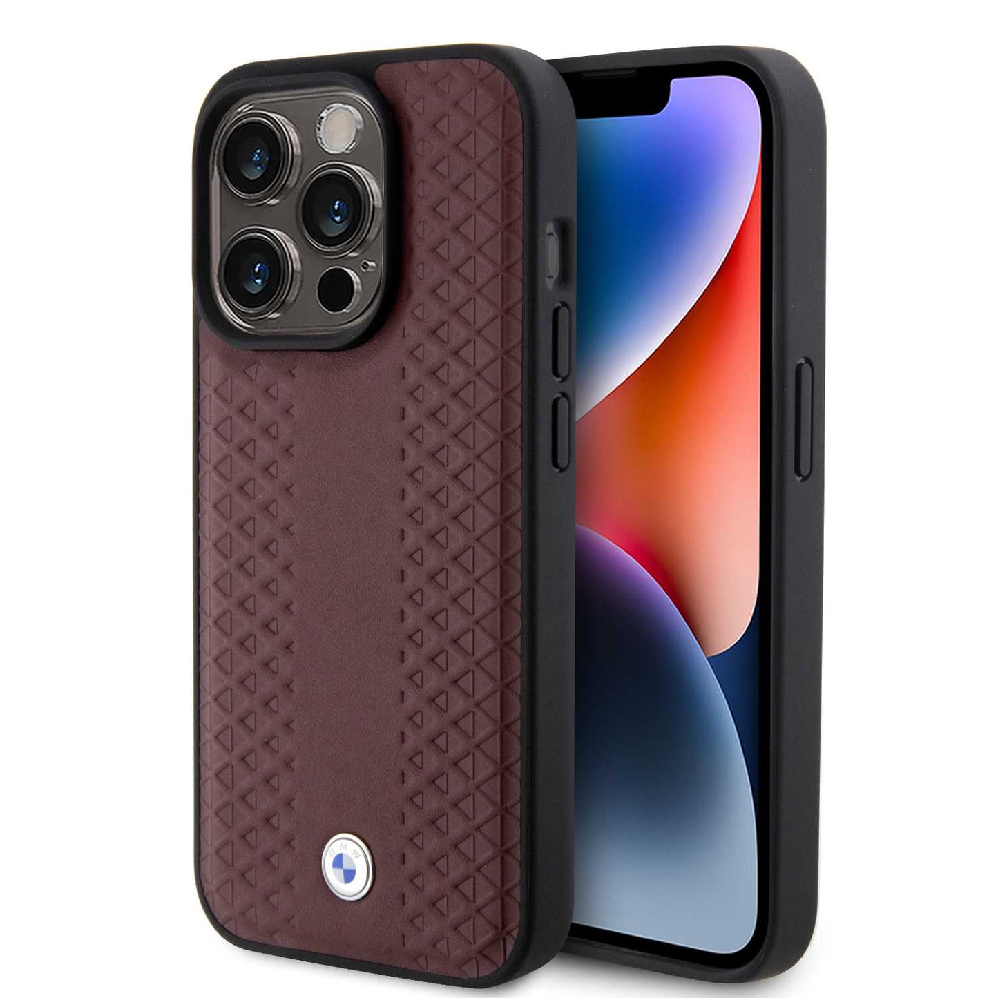 BMW Leather Case, Diamond Pattern, Slim Fit, Shockproof for iPhone 15 Pro Max | كفر بي ام دبليو جلدي بنقشة ماسية لهاتف ايفون 15 برو ماكس, تصميم نحيف مقاوم للصدمات