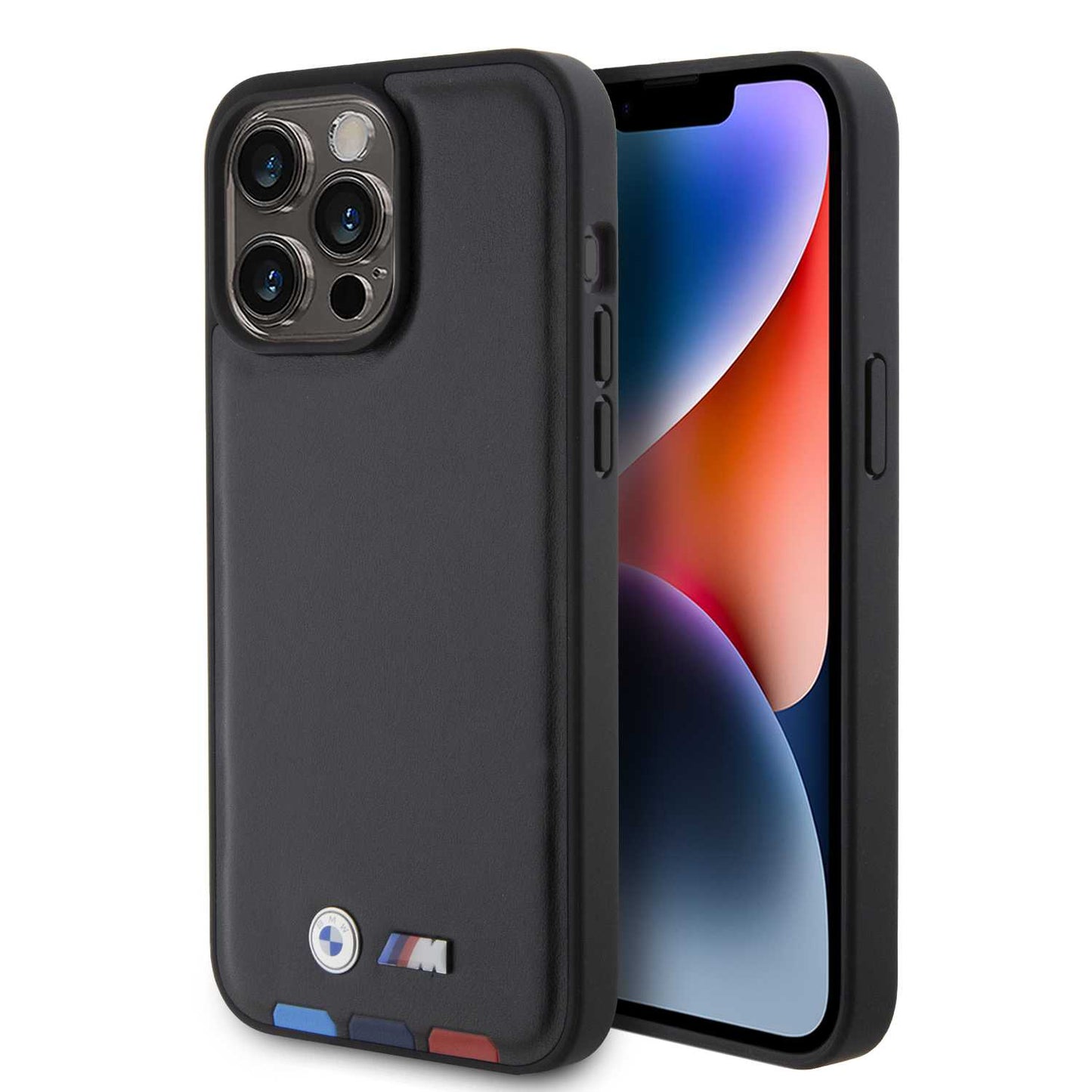 BMW M PU Leather Case – Hot Stamp Tricolor Design for iPhone 15 Pro | كفر بي ام دبليو ام جلد صناعي مع نقش ثلاثي الالوان لهاتف ايفون 15 برو