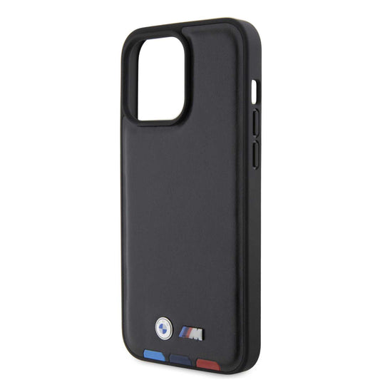 BMW M PU Leather Case – Hot Stamp Tricolor Design for iPhone 15 Pro | كفر بي ام دبليو ام جلد صناعي مع نقش ثلاثي الالوان لهاتف ايفون 15 برو