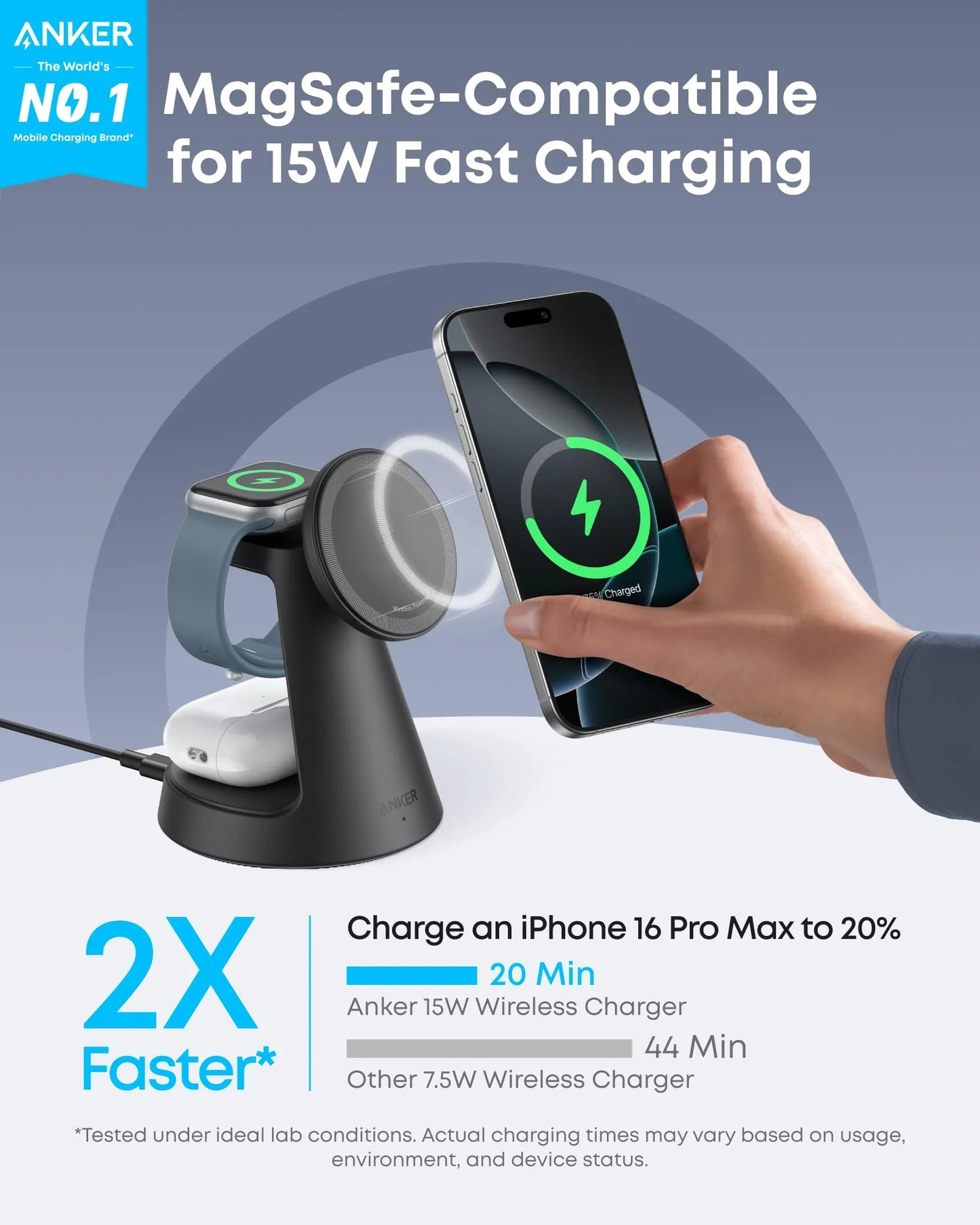 Anker MagGo Wireless Charging Station (3-in-1 Dock Stand), 15W MagSafe Fast Wireless Charger for iPhone | محطة الشحن اللاسلكية انكر ماج جو 3 في 1, قاعدة شحن 15 واط سريعة بتقنية ماج سيف للايفون