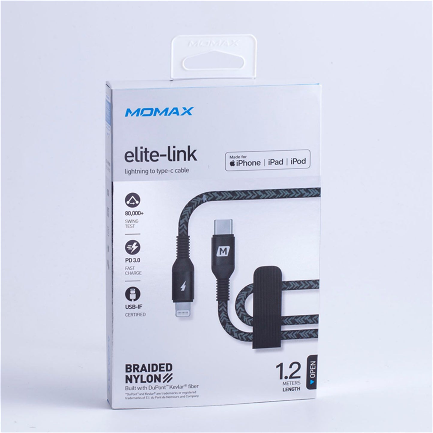 Momax Elite‑Link USB‑C to Lightning Cable, 1.2 m - كيبل موماكس اليت لنك, USB-C الى Lightning, عالي المتانة, طول 1.2م