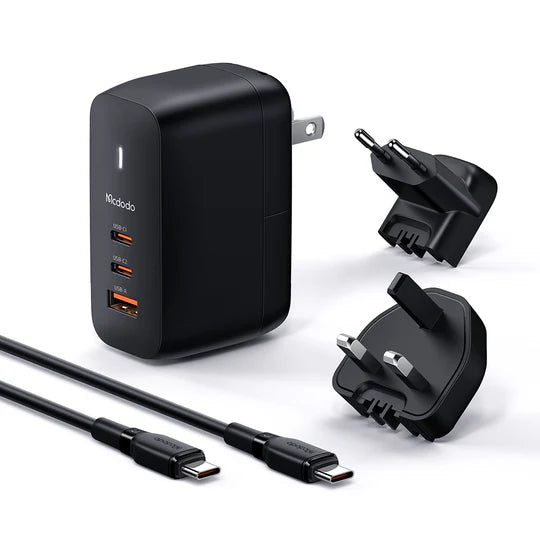 MCDODO Mecha Series GaN 65W Dual Type-C & USB Mini Size Wall Charger Set -  مجموعة شاحن حائط صغير الحجم (قابس الاتحاد الأوروبي/المملكة المتحدة/الولايات المتحدة) بقدرة 65واط من مكدودو