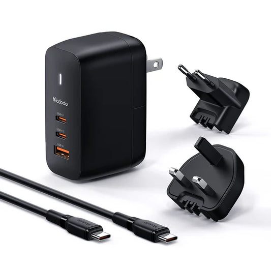 MCDODO Mecha Series GaN 65W Dual Type-C & USB Mini Size Wall Charger Set -  مجموعة شاحن حائط صغير الحجم (قابس الاتحاد الأوروبي/المملكة المتحدة/الولايات المتحدة) بقدرة 65واط من مكدودو