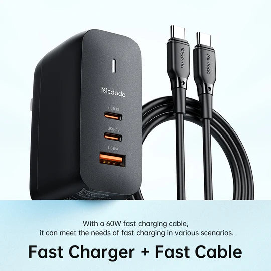 MCDODO Mecha Series GaN 65W Dual Type-C & USB Mini Size Wall Charger Set -  مجموعة شاحن حائط صغير الحجم (قابس الاتحاد الأوروبي/المملكة المتحدة/الولايات المتحدة) بقدرة 65واط من مكدودو
