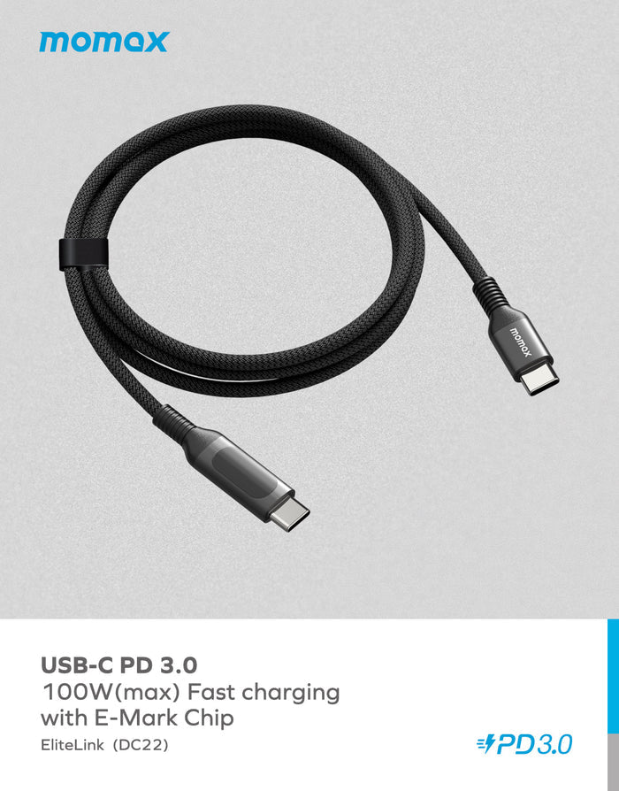 Momax ELITELINK 1.2M USB-C to USBC cable with LED display - إليت لينك كابل شاشة ليد مجدول من تايب س  إلى تايب سي بقدرة 100 وات 1.2 متر من موماكس