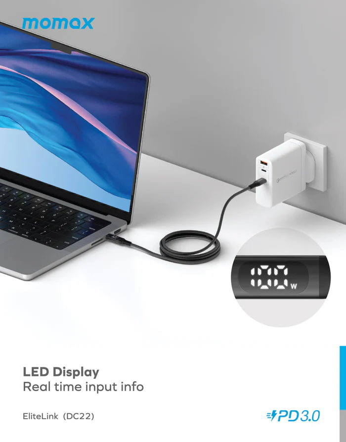 Momax ELITELINK 1.2M USB-C to USBC cable with LED display - إليت لينك كابل شاشة ليد مجدول من تايب س  إلى تايب سي بقدرة 100 وات 1.2 متر من موماكس
