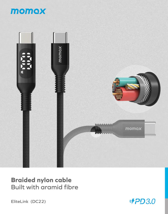 Momax ELITELINK 1.2M USB-C to USBC cable with LED display - إليت لينك كابل شاشة ليد مجدول من تايب س  إلى تايب سي بقدرة 100 وات 1.2 متر من موماكس
