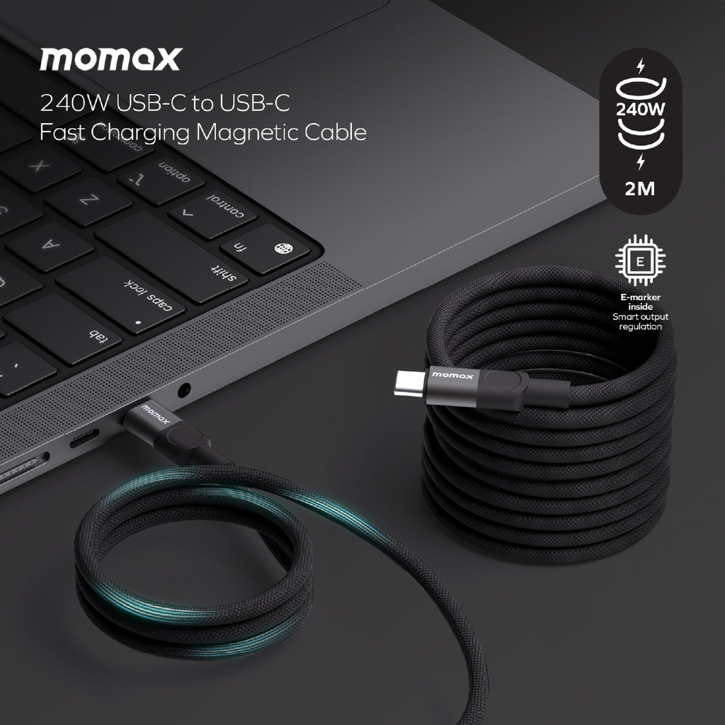 Momax Mag.Link 240W Magnetic USB‑C to USB‑C Cable, 2 m - كيبل موماكس ماج لنك المغناطيسي, USB-C الى USB-C, بقوة 240 واط, طول 2م