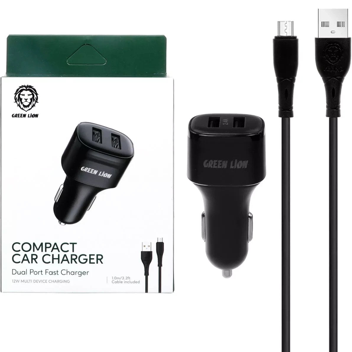 شاحن سيارة جرين لايون بمنفذين يو اس بي اي بقدرة 12 واط مع كيبل مايكرو يو اس بي بطول 1.2 متر | Green Dual Port Car Charger 12W with PVC Micro USB Cable 1.2M.