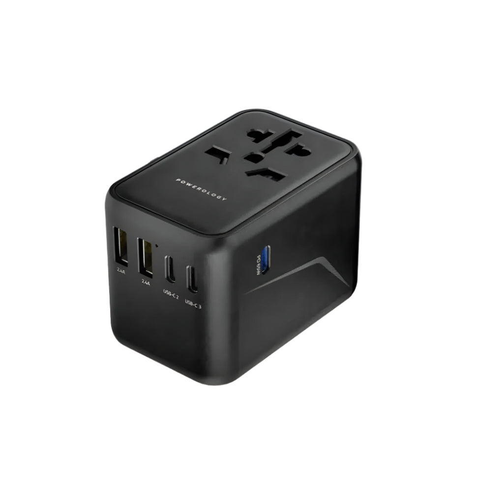 Powerology 65W PD Universal Travel Adapter with Triple USB-C Ports – أدابتور السفر العالمي باورلوجي بقدرة 65 واط و3 مخارج تايب سي