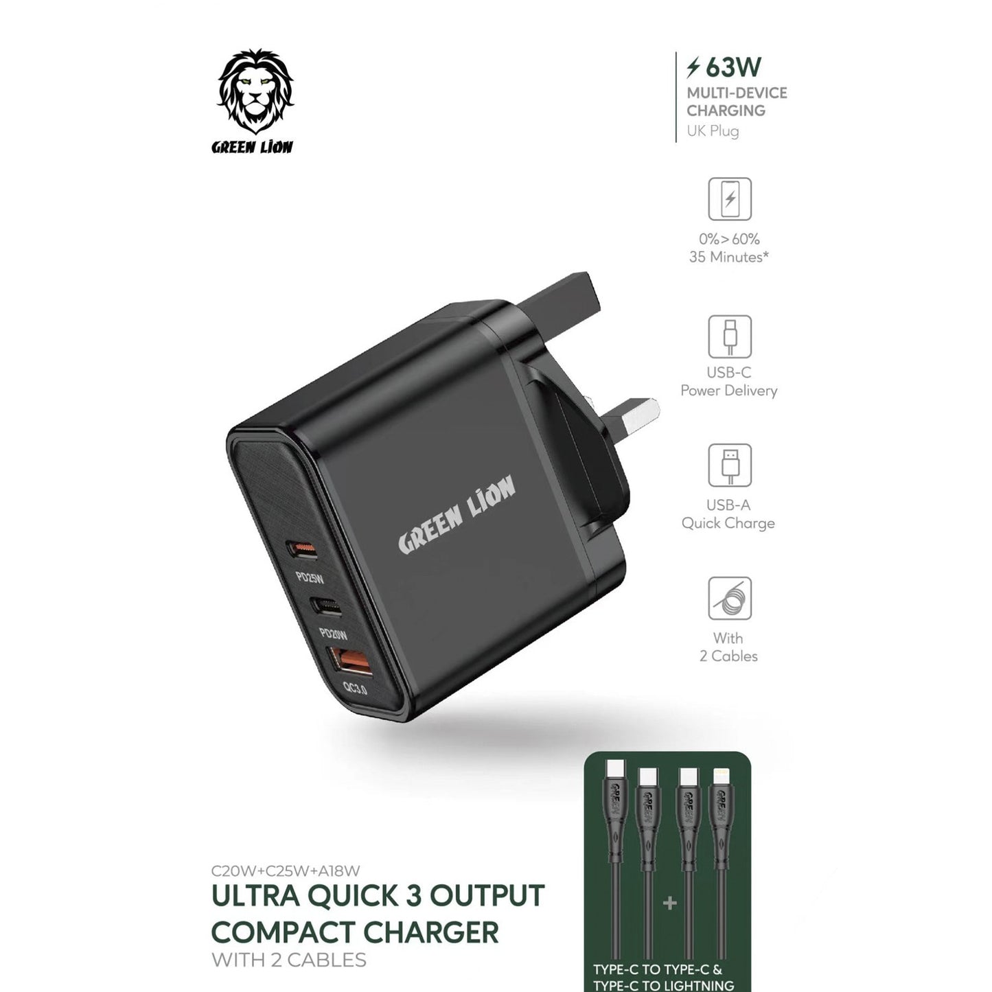 شاحن جداري جرين لايون ألترا مع كيبل تايب سي الى تايب سي و تايب سي الى لايتننغ | Green Ultra Quick 3 Output Compact Charger with Type-C to Type-C and Type-C to Lightnin