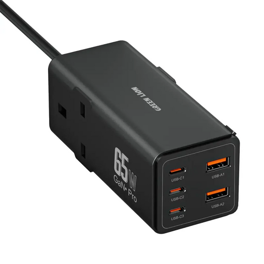 Green Lion 7 In 1 GaN 65W Power Strip - جرين ليون مشترك طاقة بقدرة 65 واط 7 في 1 باللون أسود