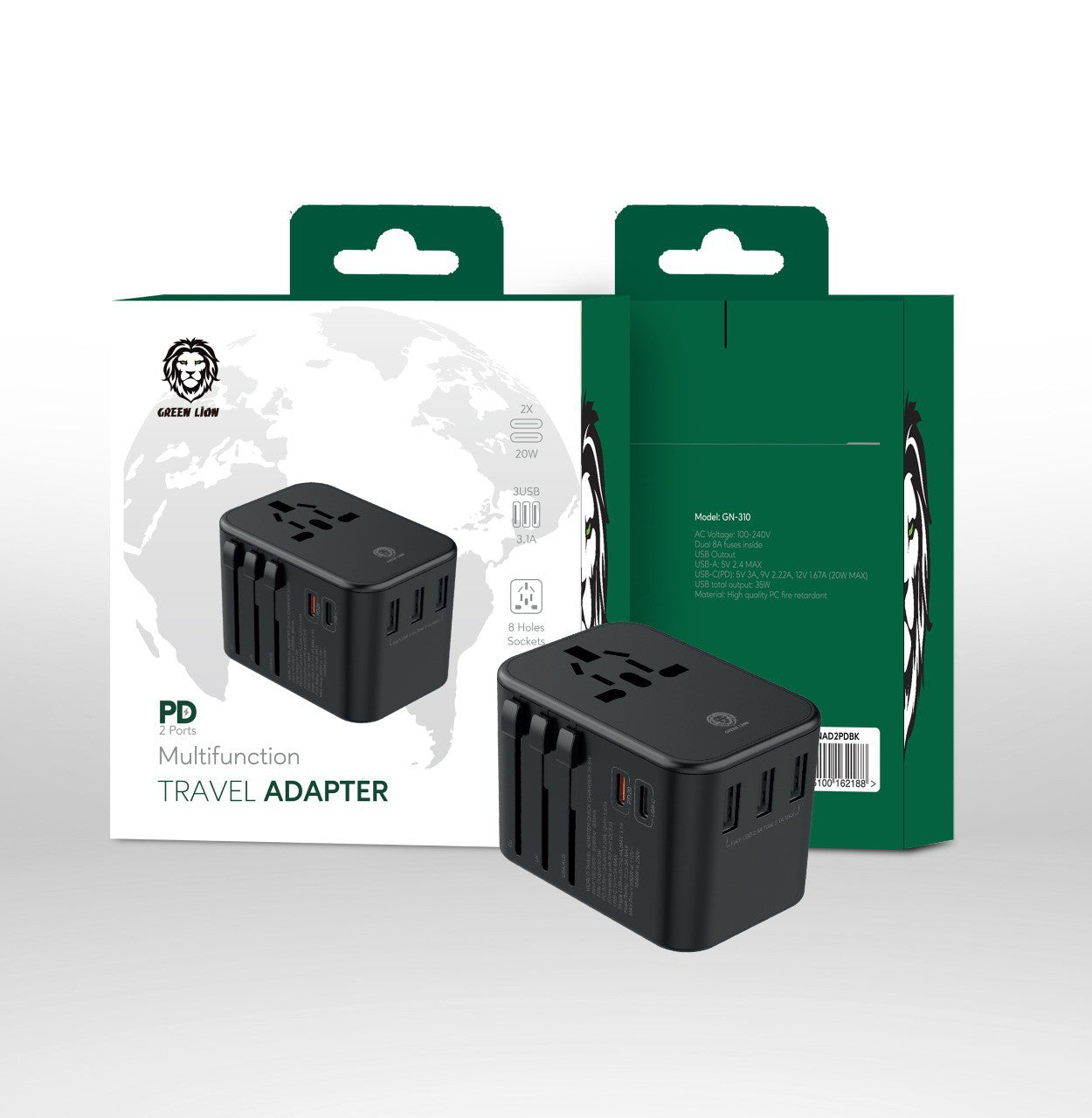 محول سفر جرين لايون متعدد الوظائف بقدرة شحن 20 واط | Green Lion Multifunction Travel Adapter ( 3 USB Port / 2 USB-C ) PD 20W