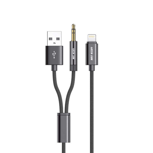 Green Lion 2-in-1 AUX + Lightning Cable 1.2m Durable - كابل جرين ليون 2 في 1 اوكس و لايتننغ بطول 1.2 متر