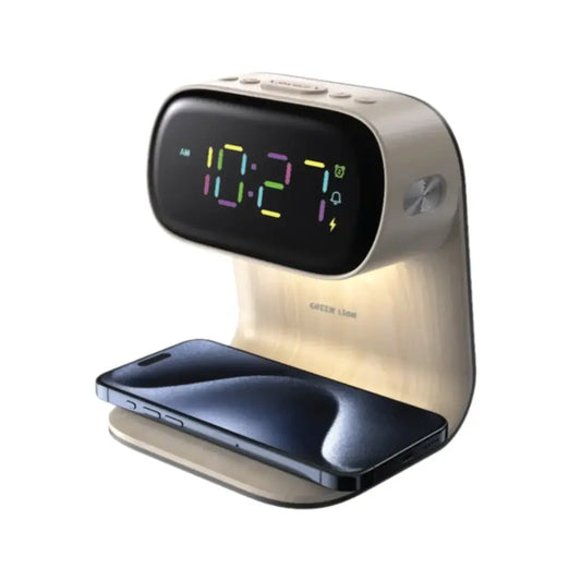 Green Lion Bedside Clock with Wireless Charger -wood - جرين ليون ساعة مكتبية مع شاحن لاسلكي