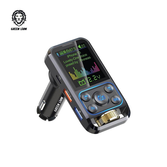Green Lion Bluetooth Hands-Free FM Car Charger - Black -شاحن سيارة اف ام مع بلوتوث وإمكانيات متعددة- اسود