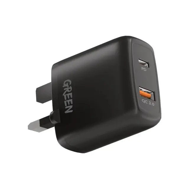 شاحن حائط جرين لايون بمنفذ يو اس بي سي ومنفذ يو اس بي اي, بقدرة 20 واط | Green Dual USB Port Wall Charger PD+QC3.0 20W UK.