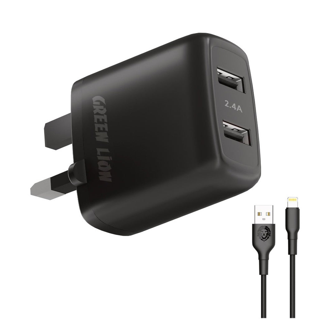 شاحن جداري جرين لايون مع منفذين يو اس بي بقوة 12 واط, مع كيبل لايتننغ بطول 1.2 متر | Green Lion 12W Dual USB Wall Charger with Lightning Cable (1.2M).