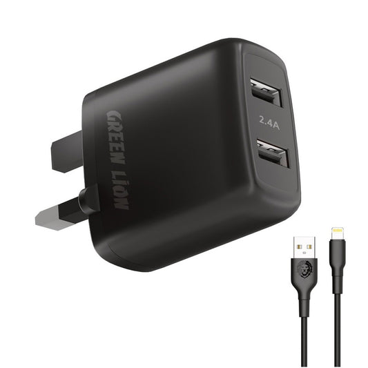 شاحن جداري جرين لايون مع منفذين يو اس بي بقوة 12 واط, مع كيبل لايتننغ بطول 1.2 متر | Green Lion 12W Dual USB Wall Charger with Lightning Cable (1.2M).