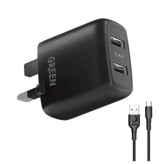 Green Lion Dual USB Port Wall Charger 12W UK with PVC Type-C Cable 1.2M -شاحن الحائط جرين ليون بمنفذين USB مزدوجين 12 وات مع كابل تايب-سي PVC بطول 1.2 متر
